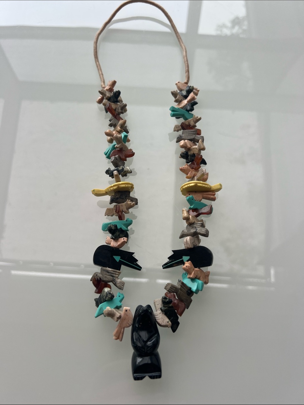 Native American Stone Fetish Necklace - Black & Turquoise Accents Length 30”